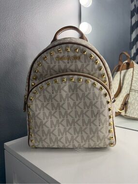 Michael Kors Beige Monogram Gold-Stud Mini Backpack